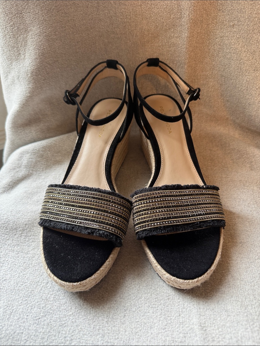 Pelle Moda Black and Tan Espadrille Wedges with Beaded Front Strap